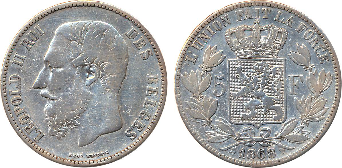 Belgium, Leopold II, Silver 5 Franc, 1868, Obv: Head to left, Rev: Crowned arms on ornate 