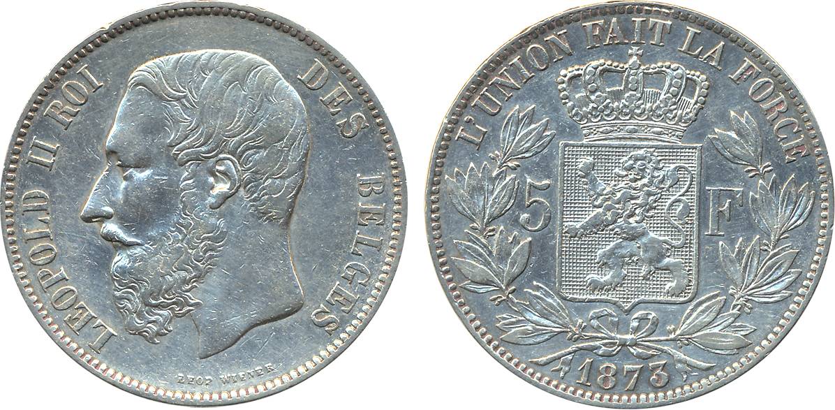 Belgium, Leopold II, Silver, 5 Franc, 1873, Obv: Portrait of ruler to left, Rev: Crowned a