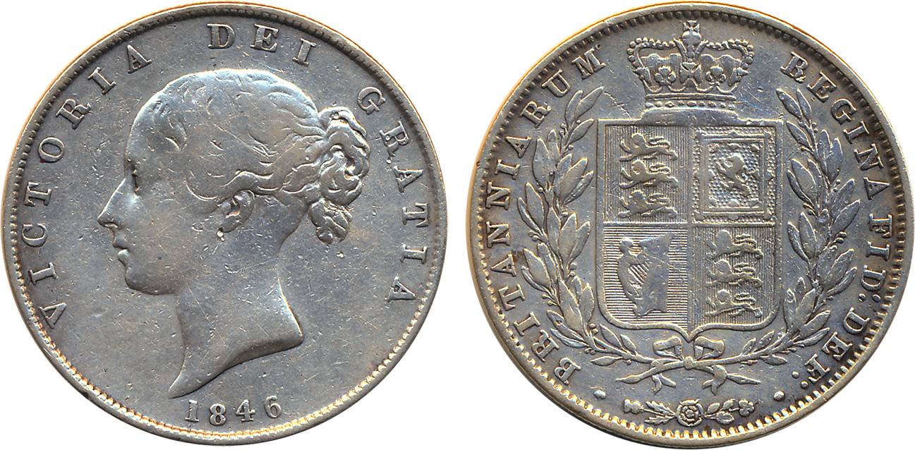 Great Britain, Victoria, Silver, ½ Crown, 1846, Obv: Head to left, Rev: Crowned arms withi