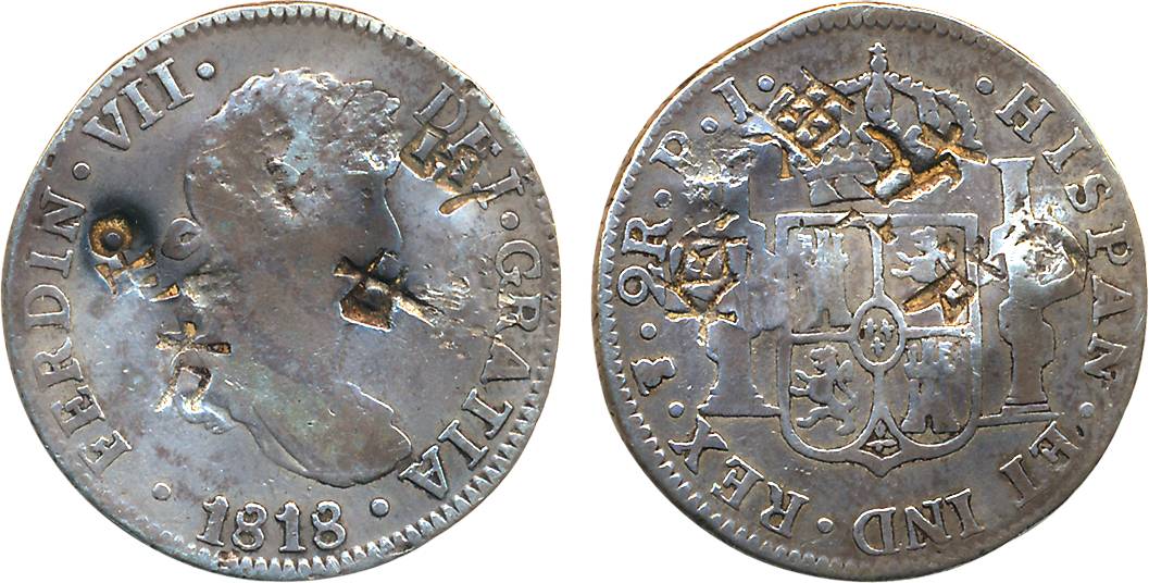 Chile, Ferdin VII, Silver 2 Reals, 1818, date not listed in catalogue, Obv: Laureate head 