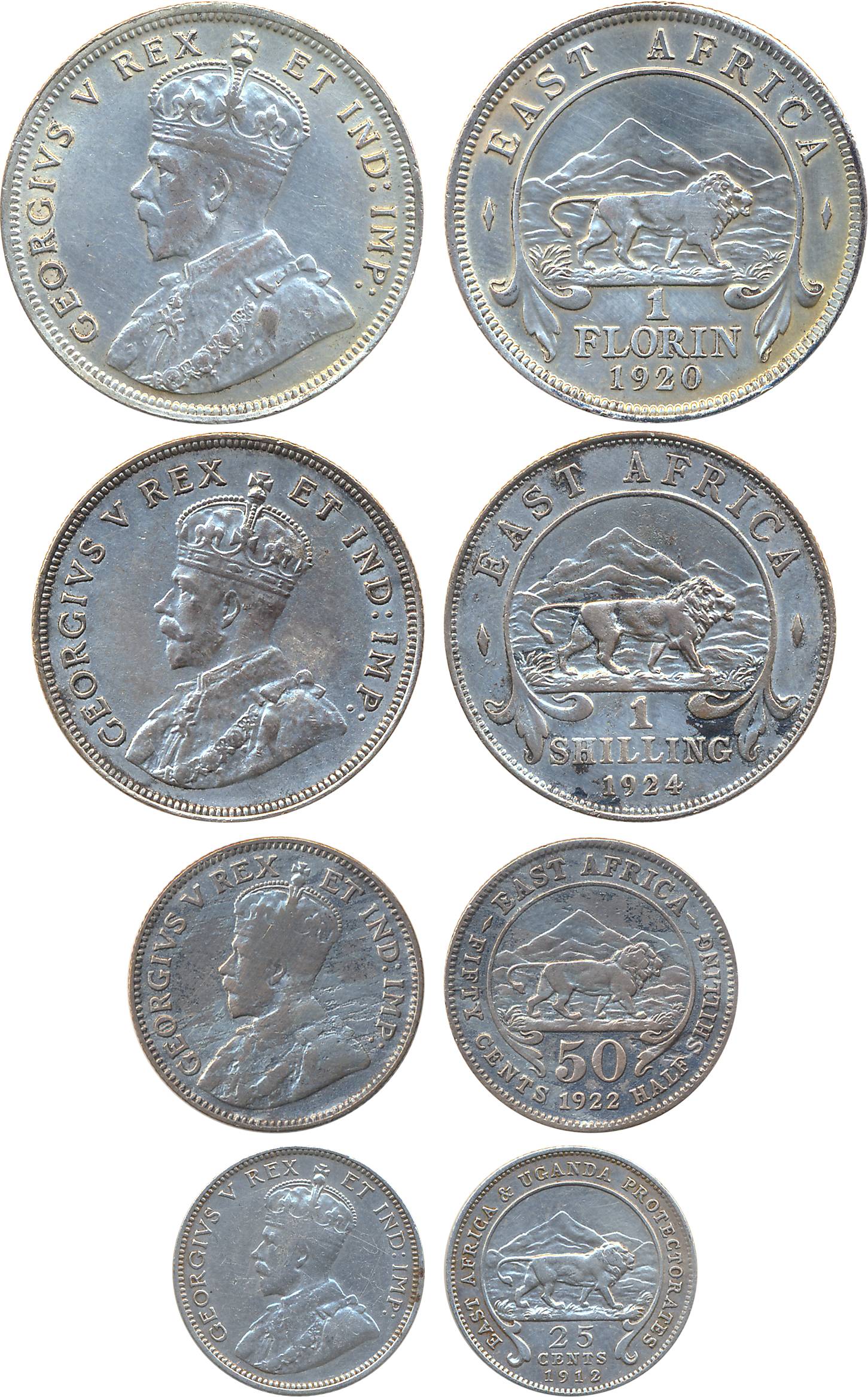 East Africa, George V, Silver (4), 1 Florin, 1920 (KM# 17), 1 Shiling, 1924, 50 Cents, 192