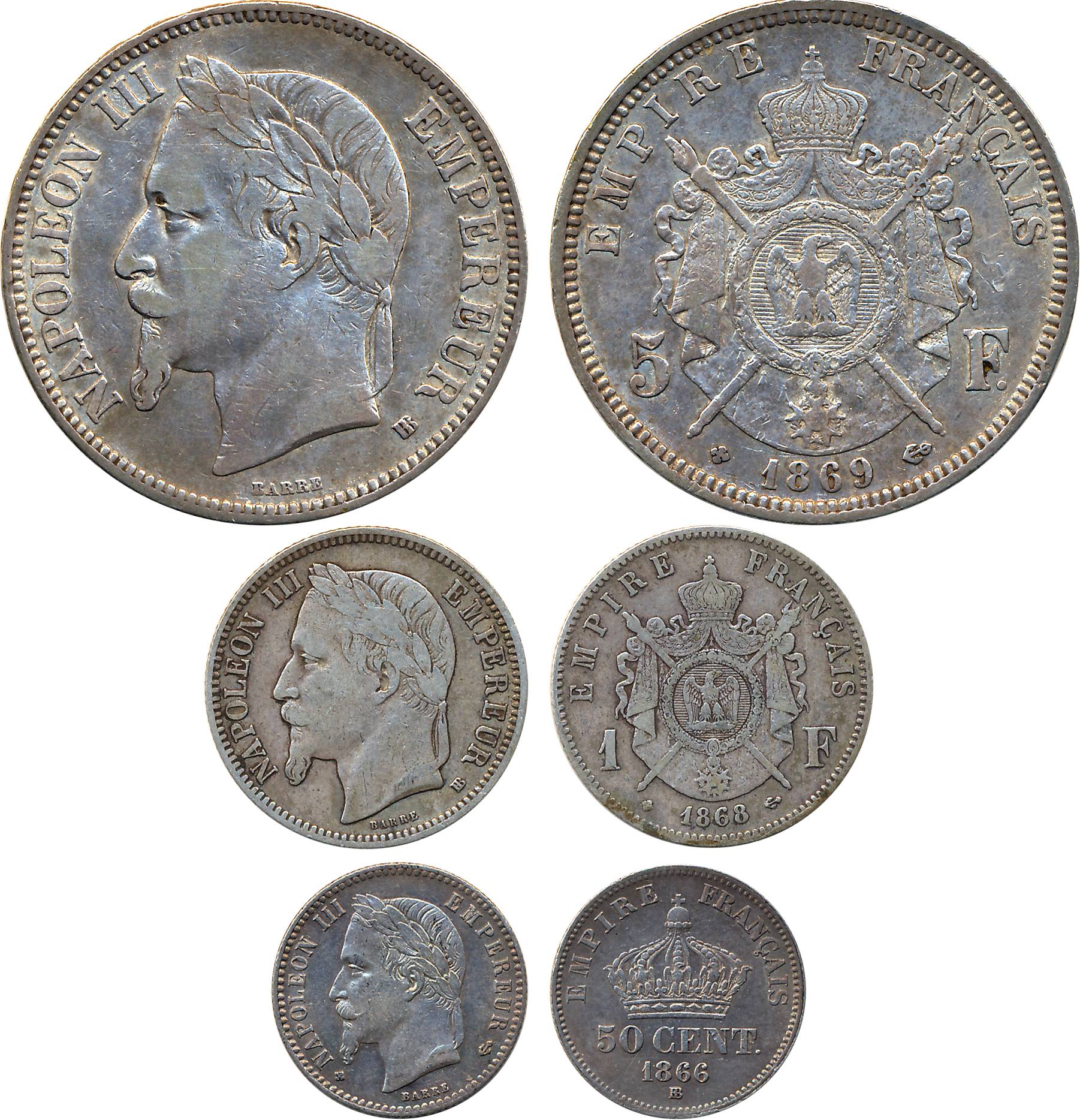 France, Napoleon III, Silver (3), 5 Frank, 1869 (KM# 799.1), 1 Frank, 1868 (KM# 806.1) & 5