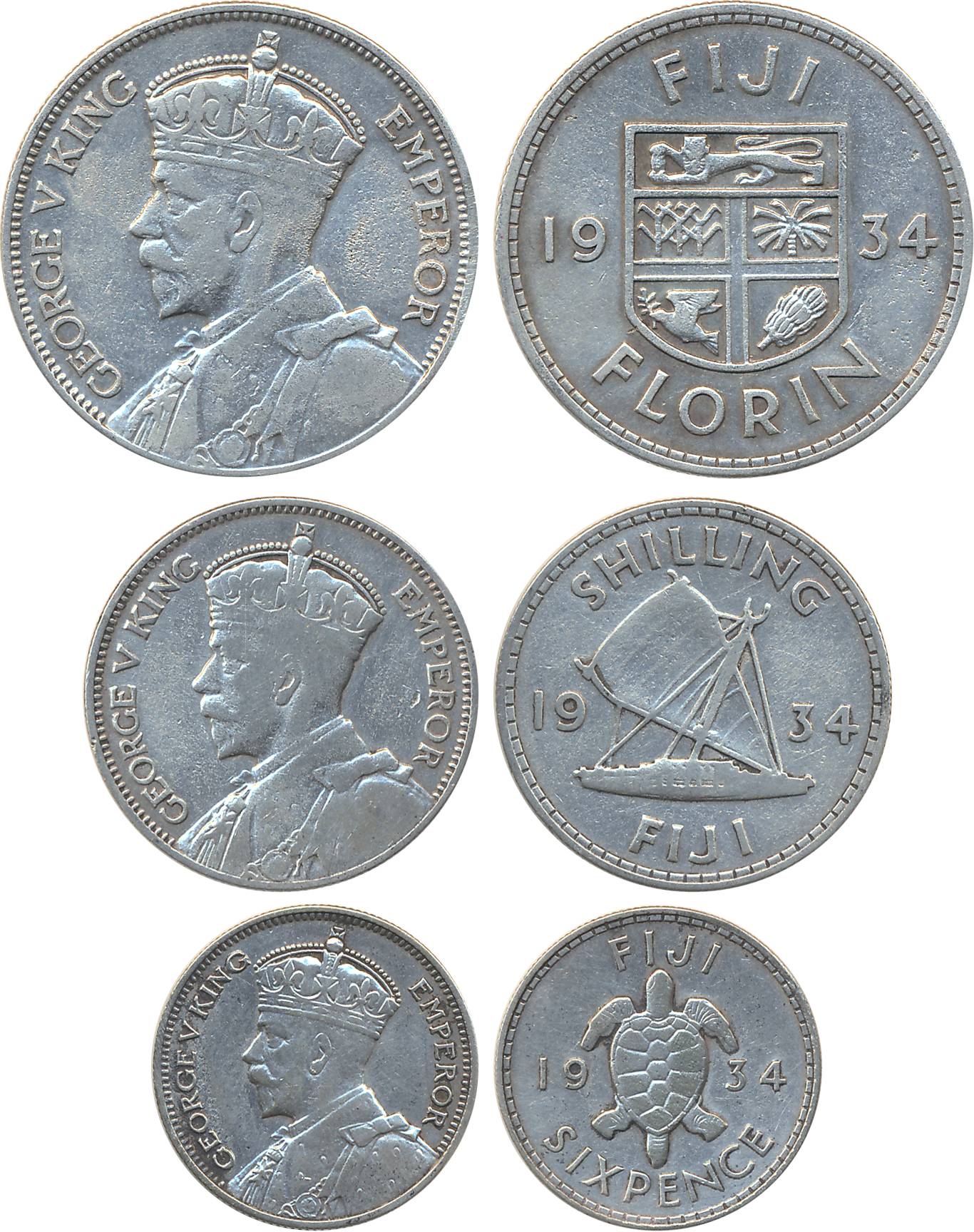 Fiji, George V, Silver (3), Florin, 1934 (KM# 5), Shilling, 1934 (KM# 4) & 6 Pence, 1934 (