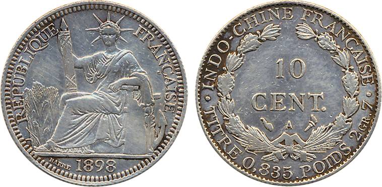 French Indo- China, Silver 10 Cents, 1898, Obv: Liberty seated left with fasces, Rev: Deno