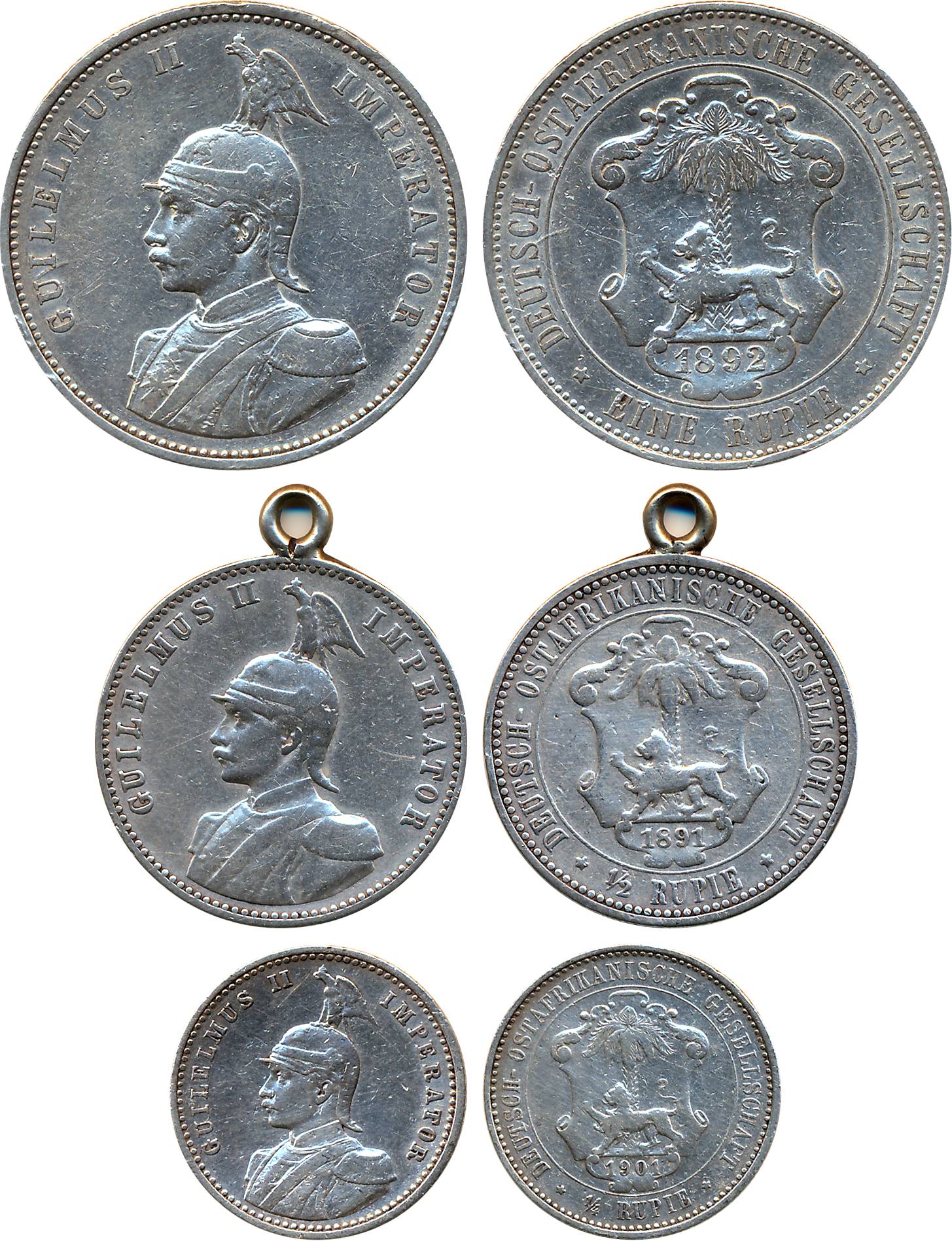 German East Africa, Wihelm II, Silver (3), Rupie, 1892 (KM# 2), ½ Rupie, 1891, with loop (