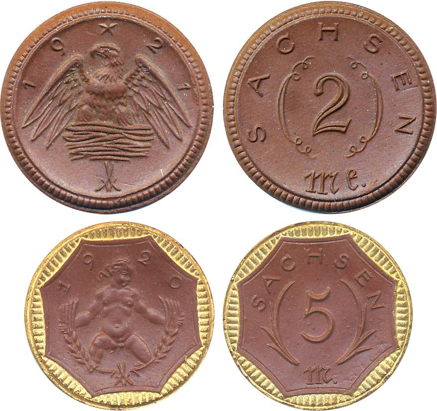 Germany- Saxony, Meissen Works Porcelain- Not geld coins (2), 1921, 2 & 5 Marks. 2 coins. 