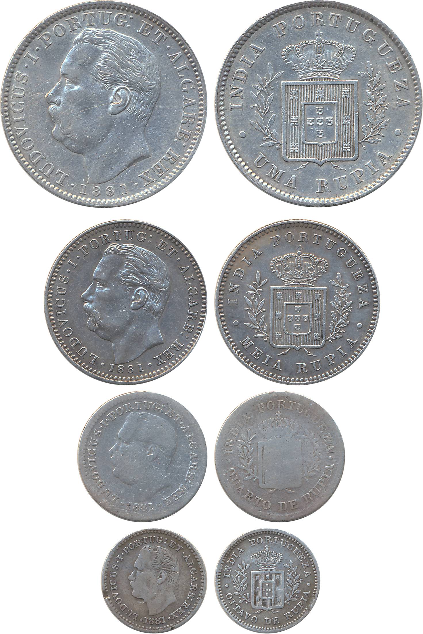 Indo- Portuguese, Luiz I, Silver Set of 4, 1 Rupia, ½ Rupia, ¼ Rupia & 1/8 Rupia, 1881, Ob