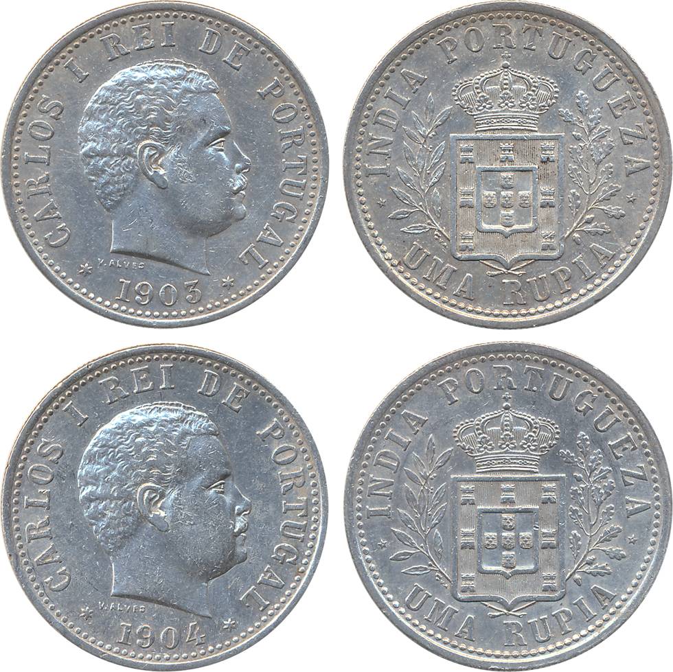 Indo- Portuguese, Carlos I, Silver Rupees (2), 1903, 1904, Obv: Head to right, Rev: Crowne