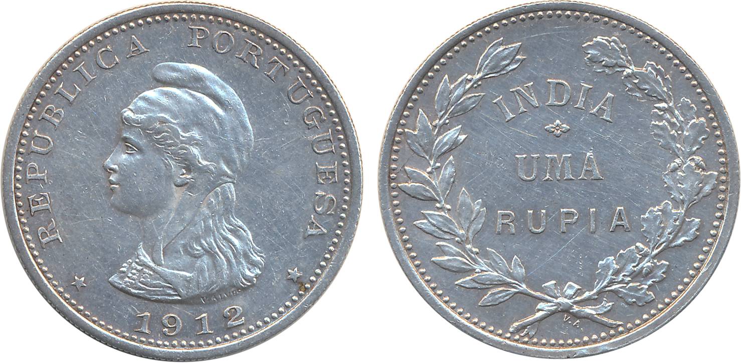 Indo- Portuguese, Rupee, 1912, Obv: Liberty head to left, Rev: Denomination within wreath 