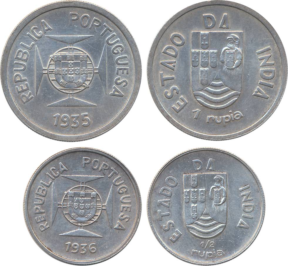 Indo- Portuguese, Silver (2), Rupee & ½ Rupee, 1935, 1936, Obv: Shield on lined circle at 