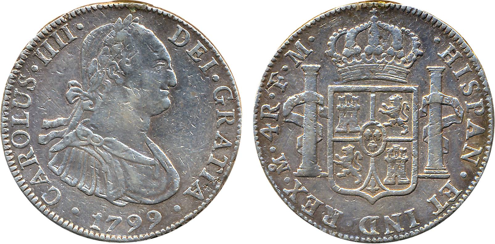 Mexico, Ferdin VII, Silver, 4 Reals, 1799 FM, Armored bust of Charles IV on obv (KM# 100).