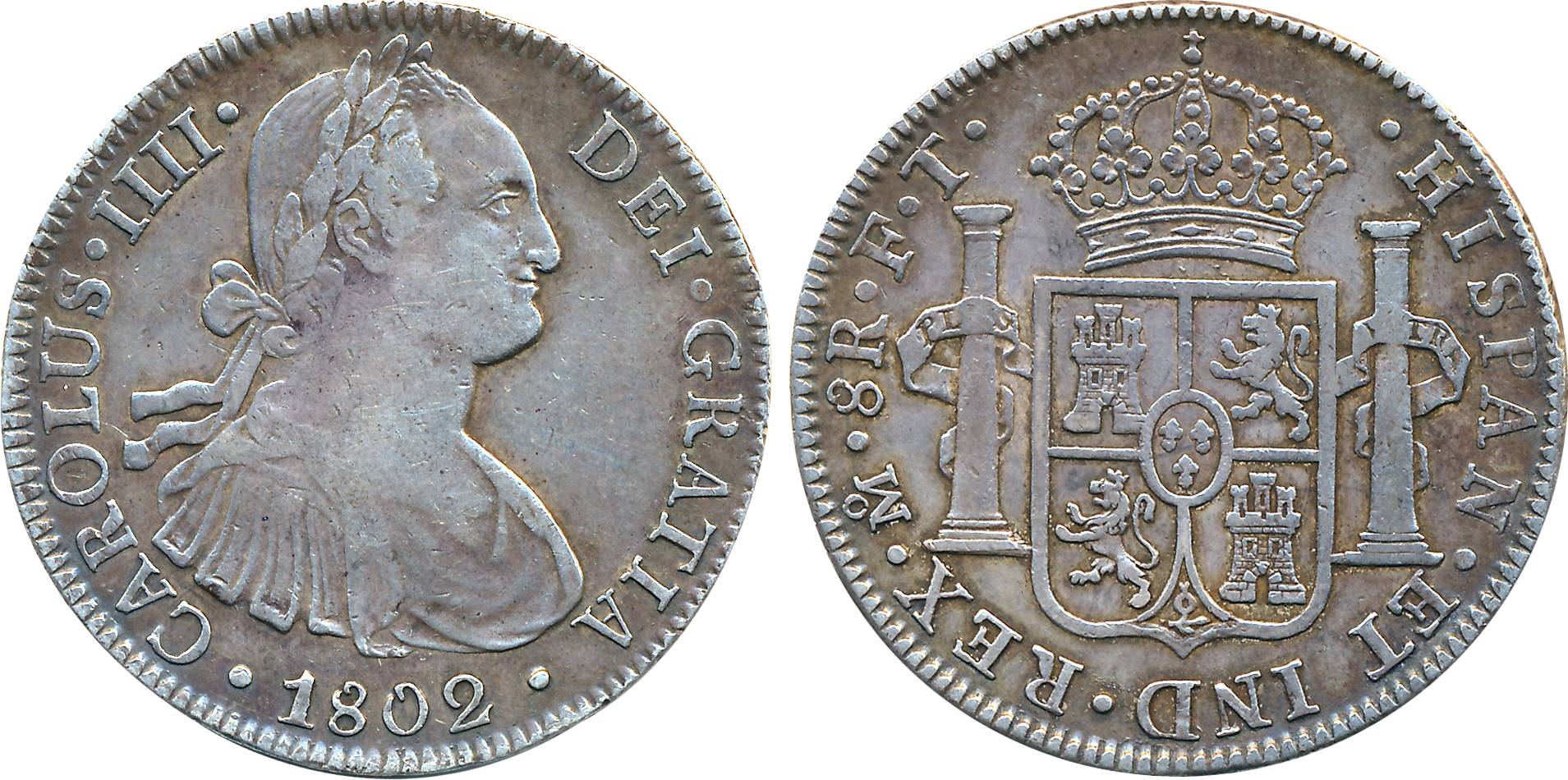 Mexico, Carolus IV, Silver 8 Reals, 1802 FT, Mexico City Mint, Obv: Bust to right, Rev: Cr