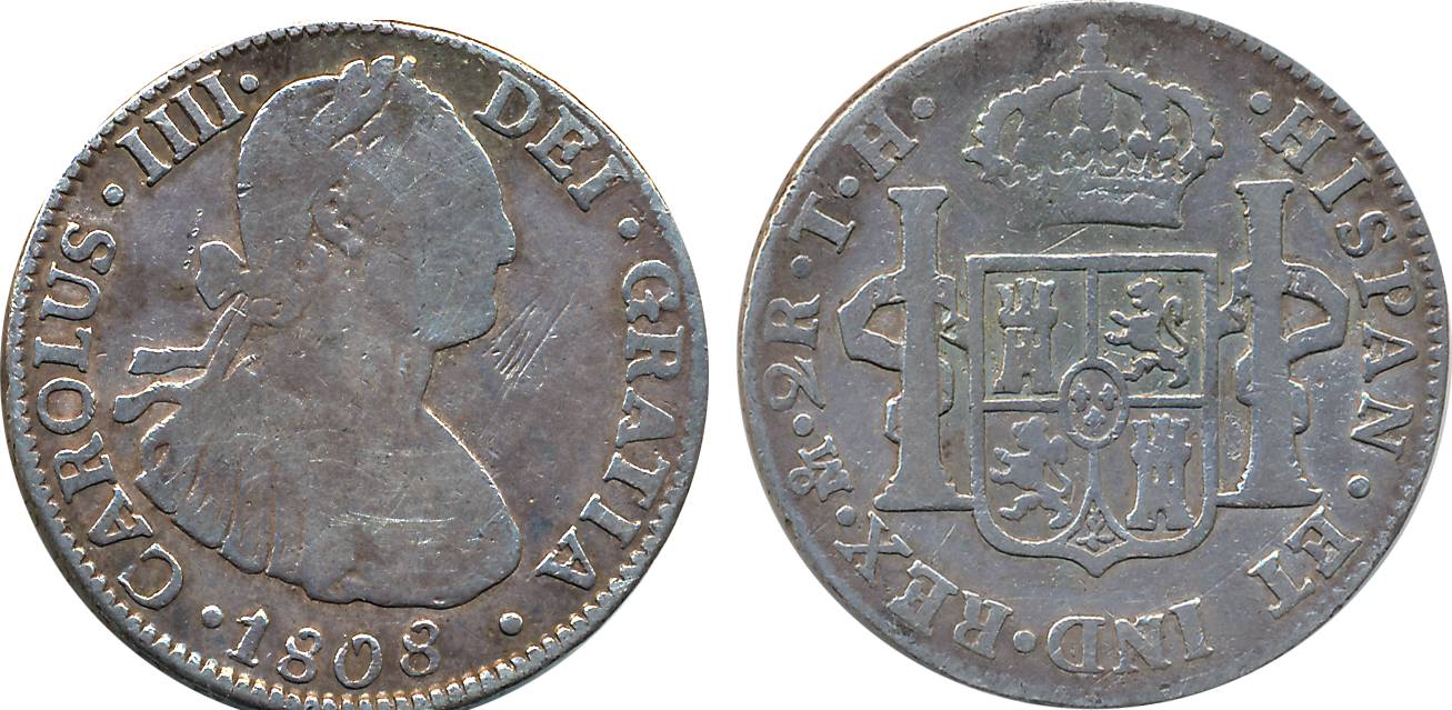 Mexico, Ferdinand VII, Silver 2 Reals, 1808 TH, Mexico City Mint, Obv: Armored Laureate bu