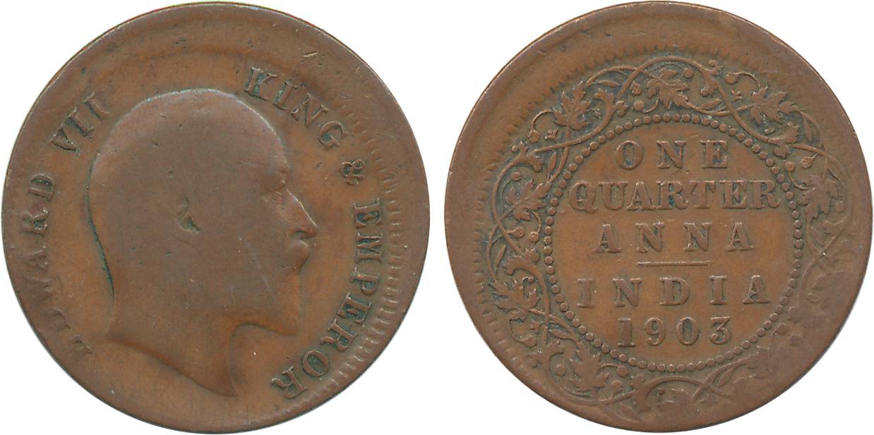 Edward VII, Copper, ¼ Anna, Error, die shifted on both sides, Calcutta Mint.