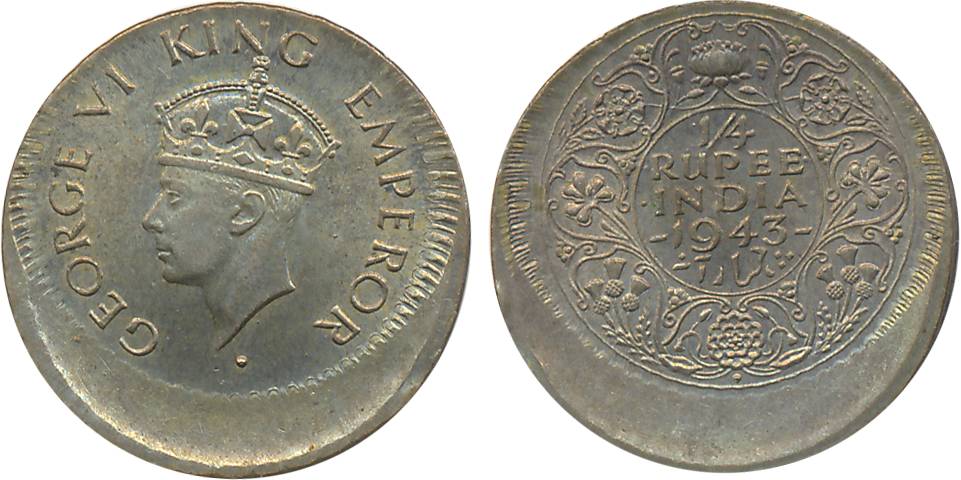 George VI, Silver ¼ Rupee, Error, 1943, die shifted on both sides.