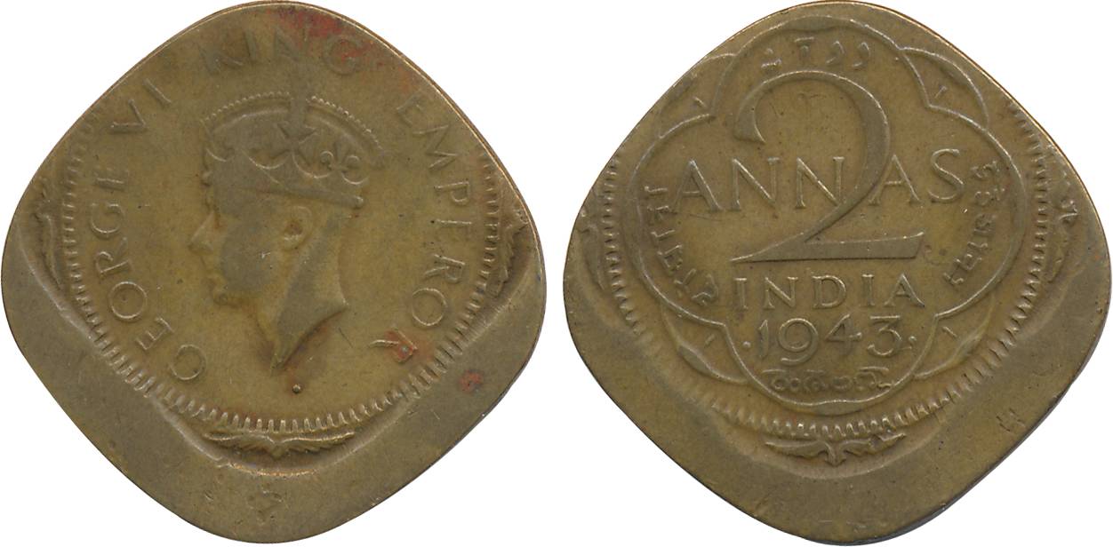 George VI, Nickel Brass 2 Annas, Error, 1943, die shifted on both sides, Bombay Mint.