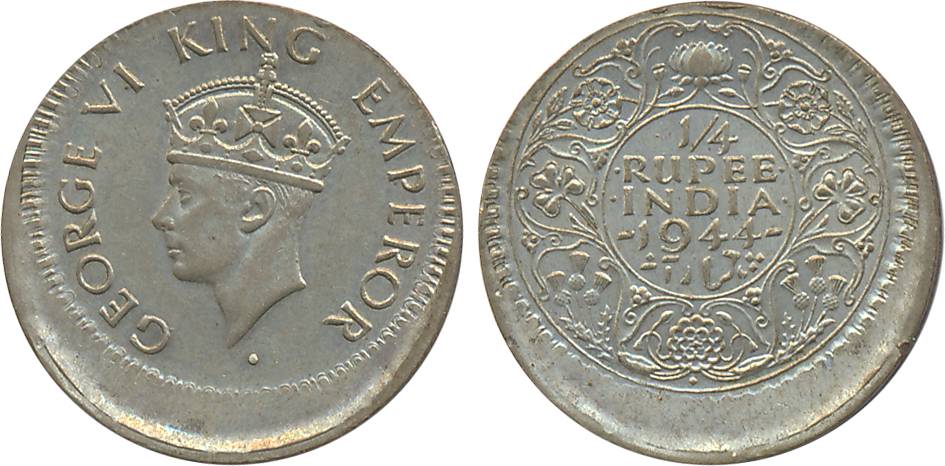 George VI, Silver ¼ Rupee, Error, 1944, die shifted on both sides.