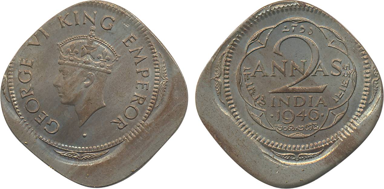 George VI, Copper Nickel 2 Annas, Error, 1946, die shifted on both sides, Bombay Mint.