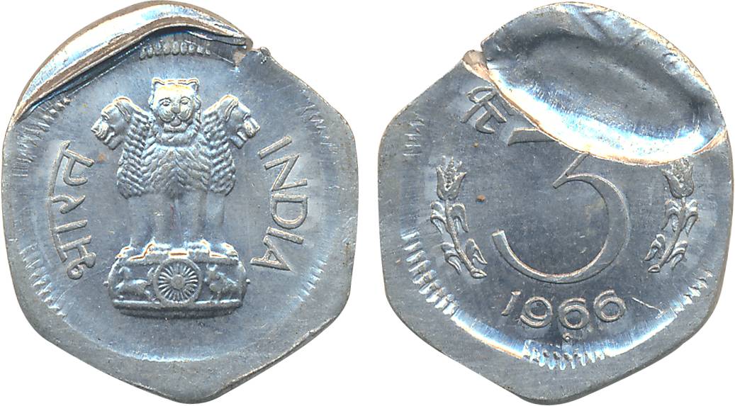 1966, Aluminium 3 Paise, Error, Bombay Mint.
