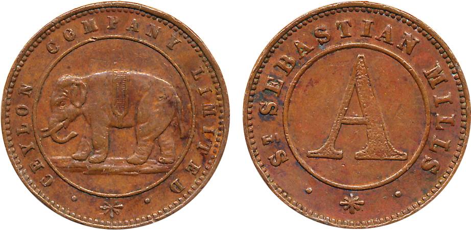 Ceylon Company Ltd. St. Sebastian Mills Colombo, Ceylon (Sri Lanka) Copper, 2¼ pence token