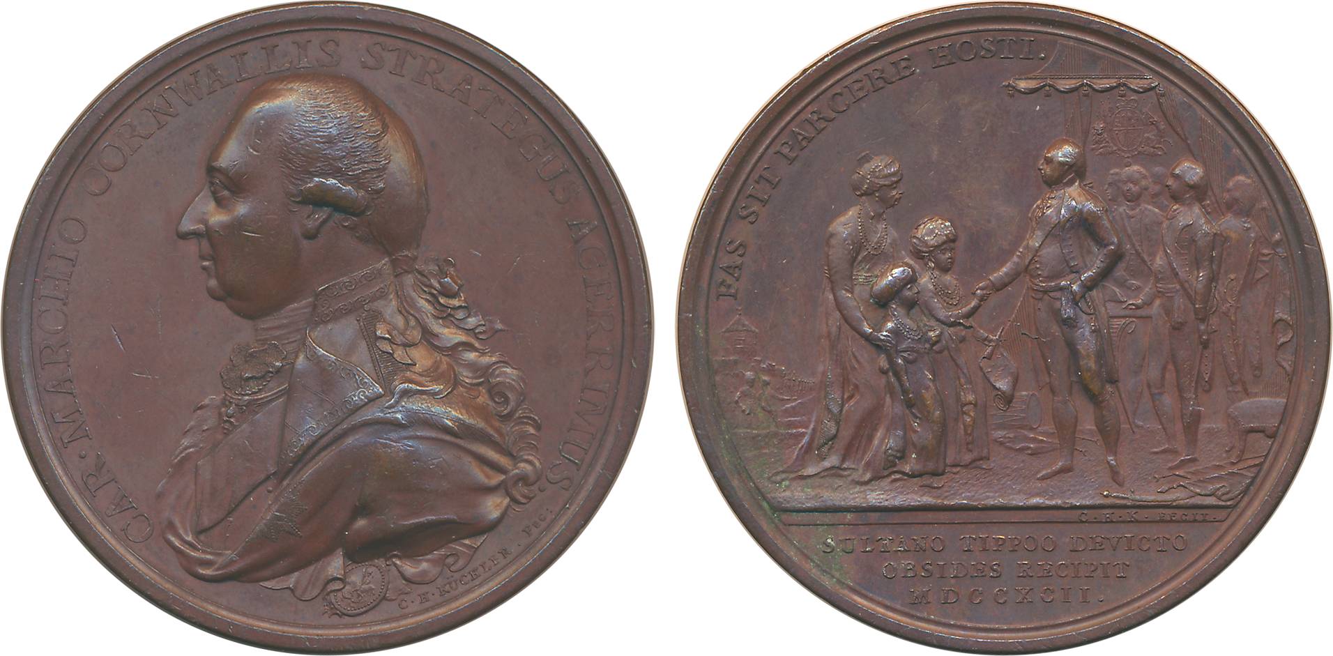 Lord Cornwallis, 1792, Obv: Uniformed bust of Charles Marquis Cornwallis, Rev: The scene o