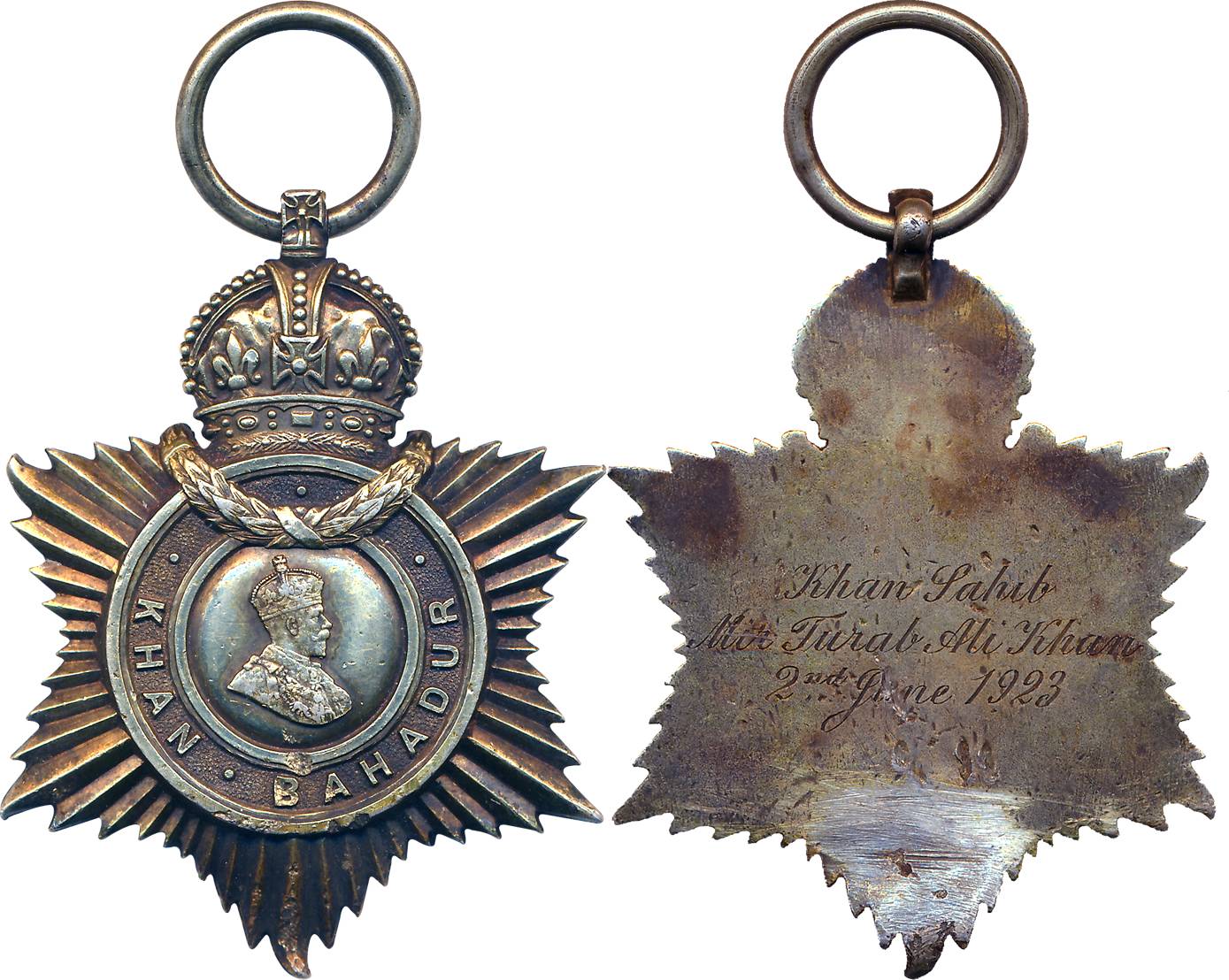 George V, Indian Title Silver Badge, Khan Bahadur Medal, portrait of the Emperor in centre