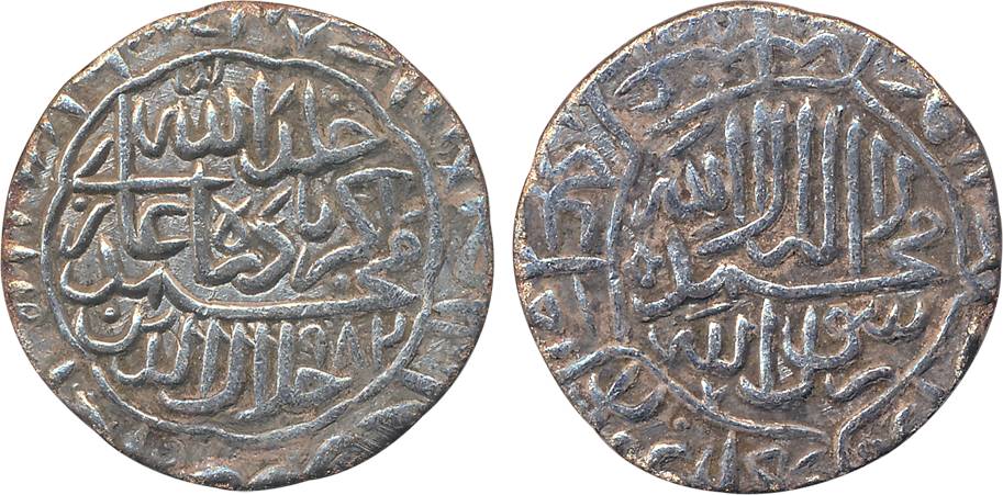 Akbar, Silver Rupee, 11.13g, “Kalima” type, Sahar- i- Muazzam Ahmedabad Mint, AH 982 (KM# 