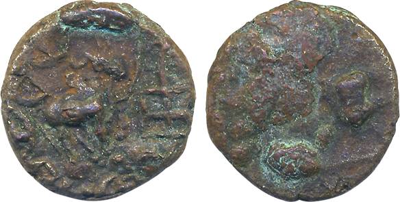Yaudheyas, Copper, 4.20g, “Bahudhanaka” Legend type, Obv: Standing bull before sacrificial
