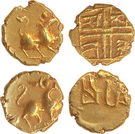 Sarabhoji, Gold Fanam (2), 0.37g, 0.38g, Obv: Lion to right, Rev: Legend. Very fine, scarc