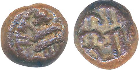 Copper, 2.11g, Obv: Temple Chariot, Rev: Devnagari legend “ Ra ma” with dagger (K Ganesh# 