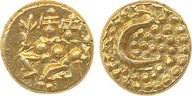 Haidar Ali, Gold, Fanam, 0.37g, Obv: Shiva Parvati seated on throne, Rev: Persian letter “