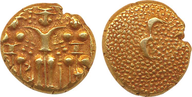 Gold Pagoda, 3.42g, Obv: Three Swamis, Rev: Persian “Ain” in granulated field (KM# 14). Ve