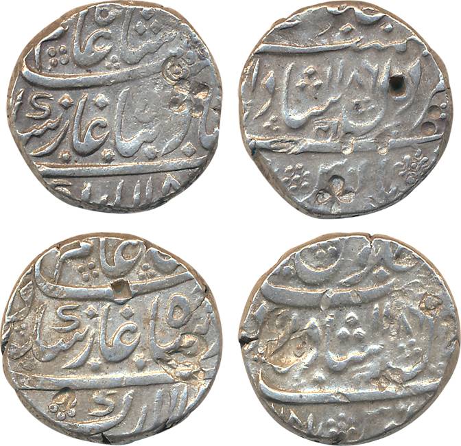 Silver Rupees (2), Dilshadabad Mint, in the name of Shah Alam II, AH 1186, devnagari 'La' 