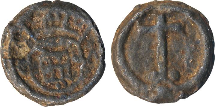 Goa, John V, Tin 2 Bazarucos, 1.99g, Obv: Crown arms divide “Ga”, Rev: Cross mounted (KM# 