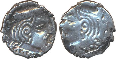 Western Kshatrapas, Silver Dracham, 1.98g, Brockage- Lakhi of obv die. Very fine, rare.