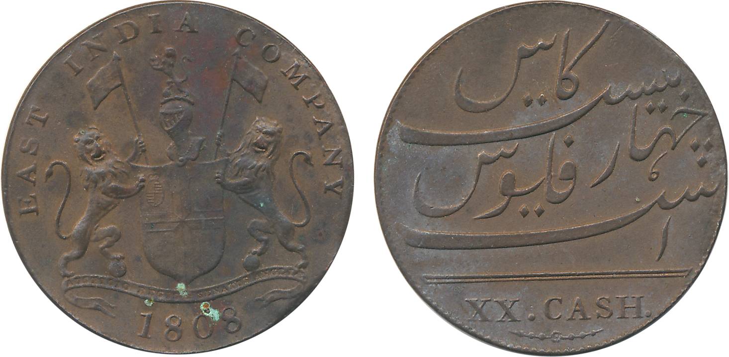 Copper 20 Cash, Soho Mint, Obv: Coat of arms of the EIC and date 1808, Rev: Value in Engli