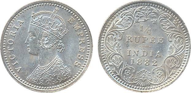 Victoria Empress, Silver 1/4 Rupee, 1882, Calcutta Mint (Prid # 387). Choice uncirculated,