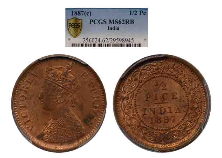 Victoria Empress, Copper, 1/2 Pice, 1887, Calcutta Mint (Prid # 719). Sllabed & Graded by 