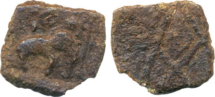 Sangam Age, Pandya, Copper, 4.70g, Obv: Elephant walking to right, trident in front, trace
