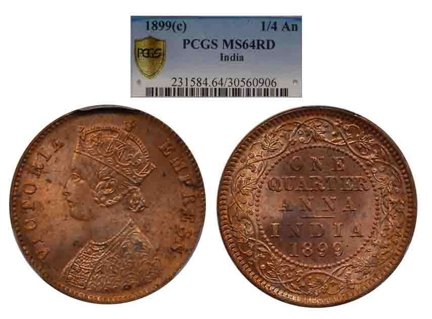 Victoria Empress, Copper 1/4 Anna, 1899, Calcutta Mint (Prid # 632). Slabed & Graded by PC