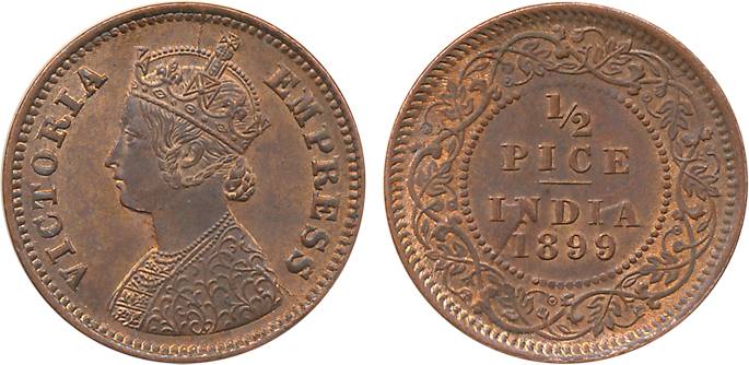 Victoria Empress, Copper 1/2 Pice, 1899, Calcutta mint (Prid # 732). Red Brown uncirculate