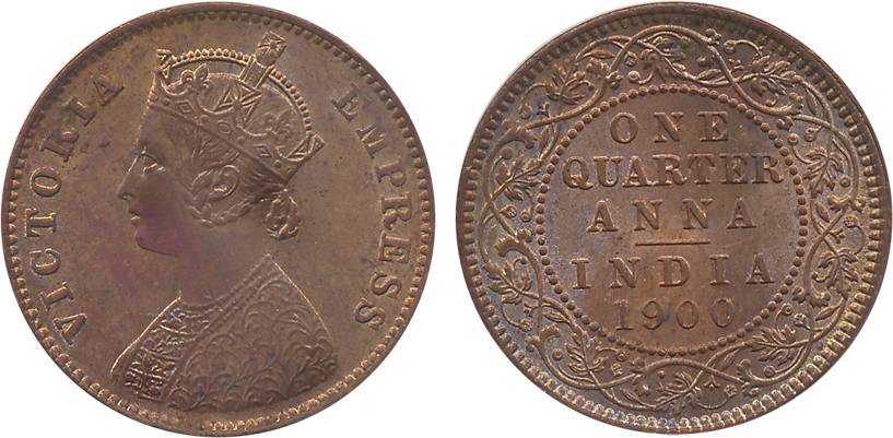 Victoria Empress, Copper 1/4 Anna, 1900, Calcutta Mint (Prid # 633). Red Brown, uncirculat