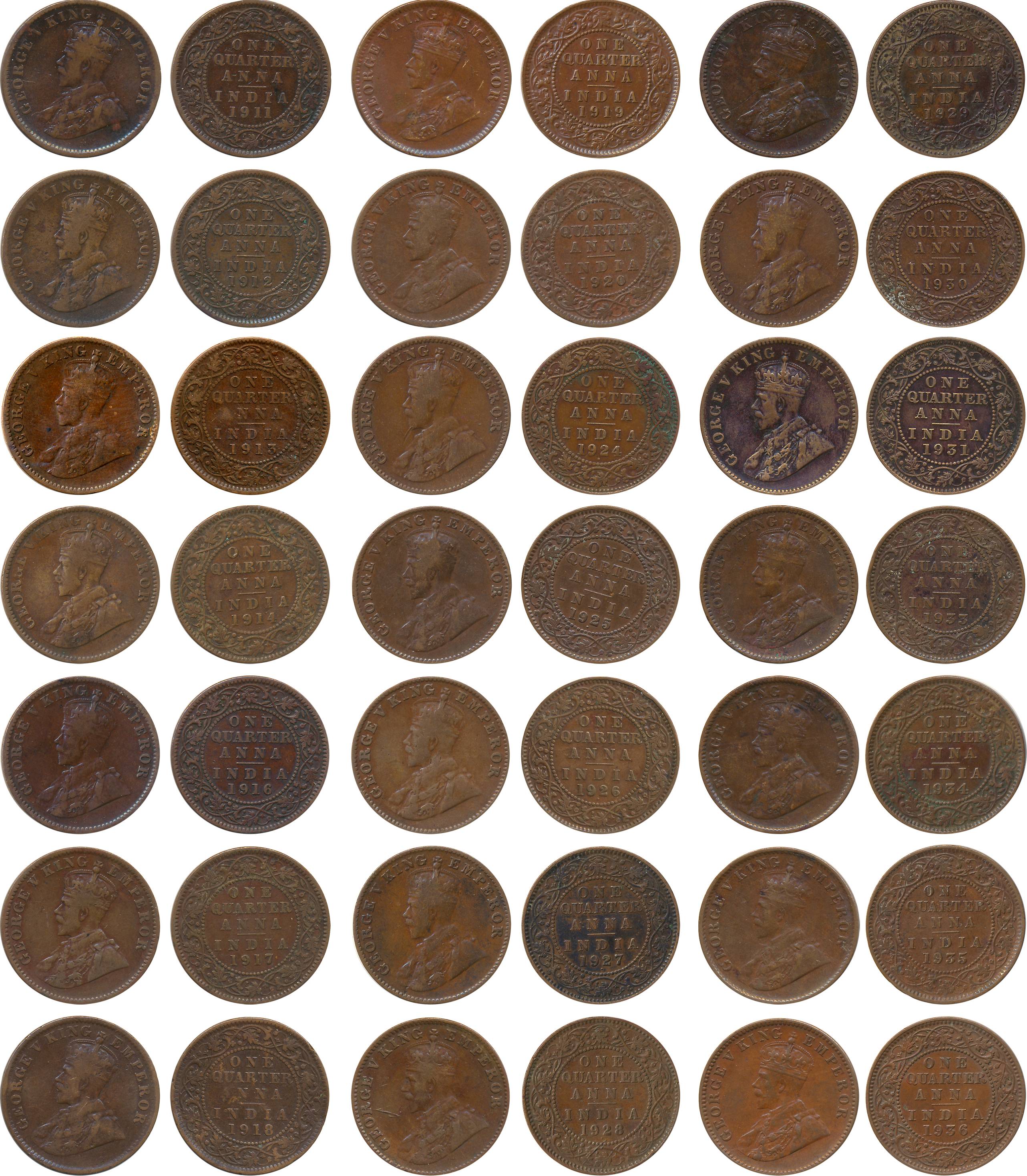 George V, Copper 1/4 Anna, Complete set (21), 1911, 1912, 1913, 1914, 1916, 1917, 1918, 19