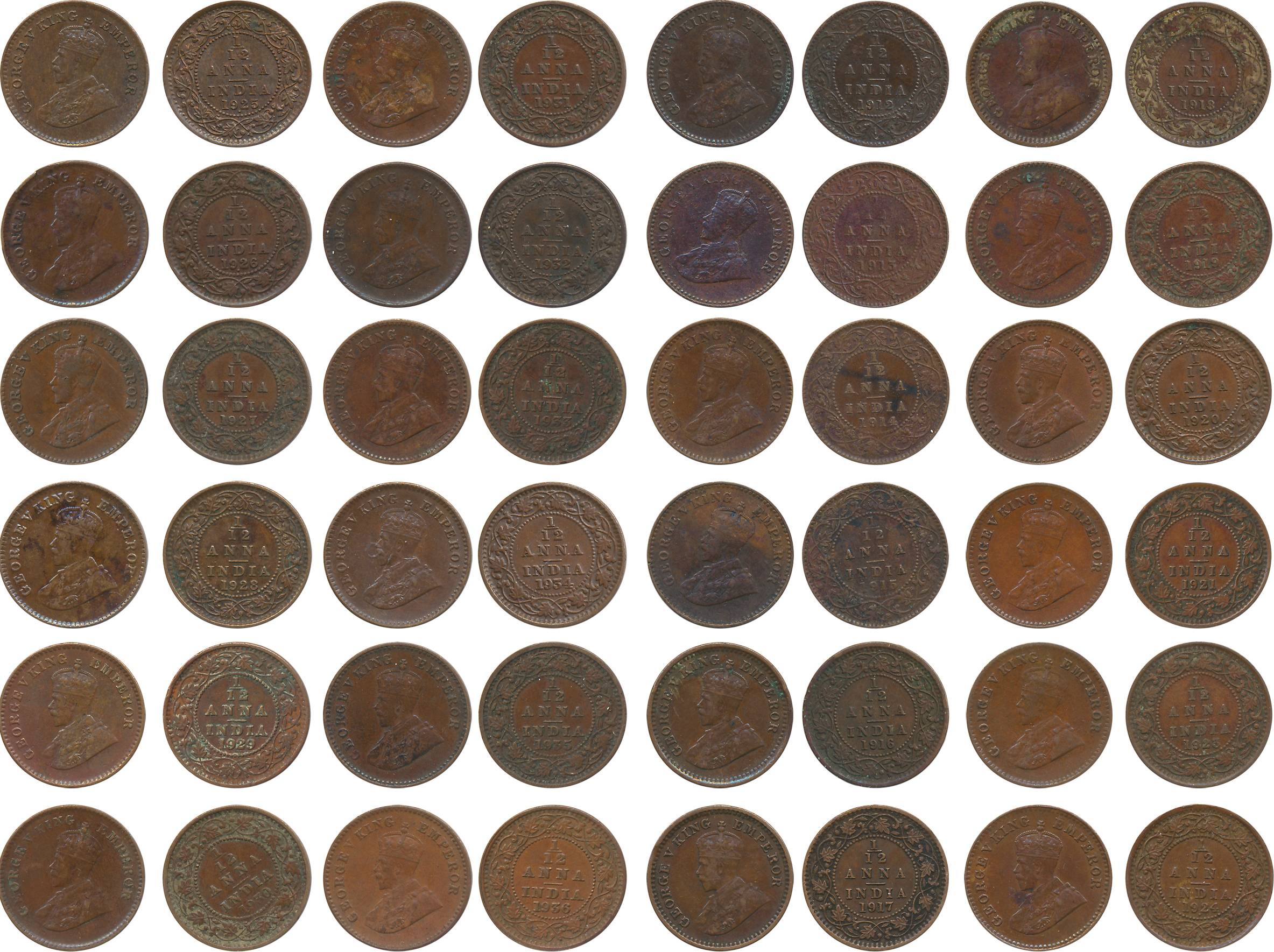 George V, Copper 1/12 Anna (24), Complete set, 1912, 1913, 1914, 1915, 1916, 1917, 1918, 1
