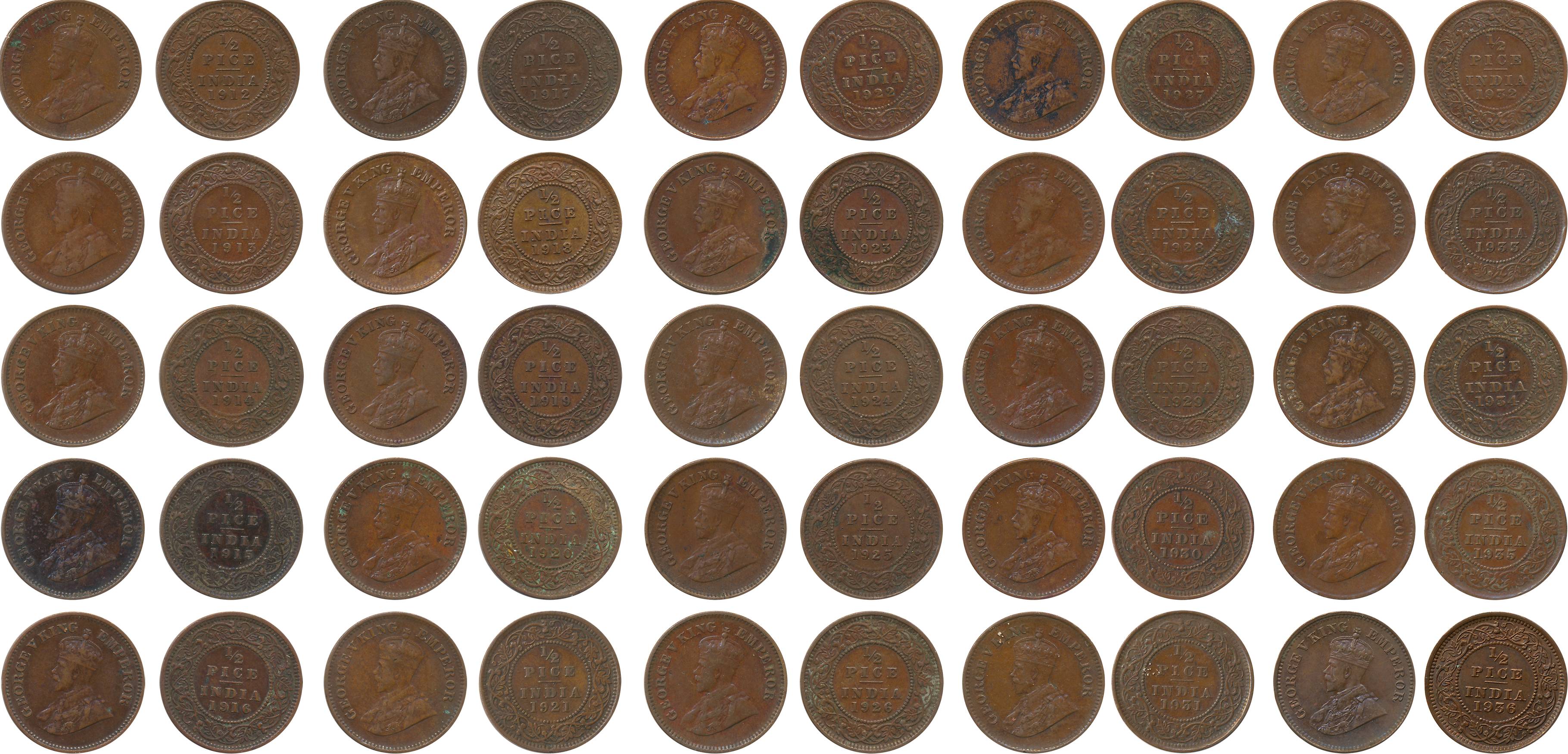 George V, Copper ½ Pice (25), Complete set, 1912, 1913, 1914, 1915, 1916, 1917, 1918, 1919
