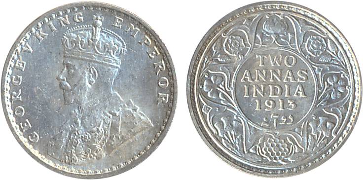 George V, Silver 2 Anna, 1913, Calcutta Mint (Prid# 566). Uncirculated, scarce.