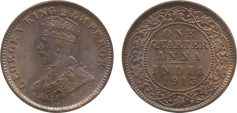 George V, Copper ¼ Anna, 1913, Calcutta Mint (Prid# 659). Red Brown, uncirculated, scarce.