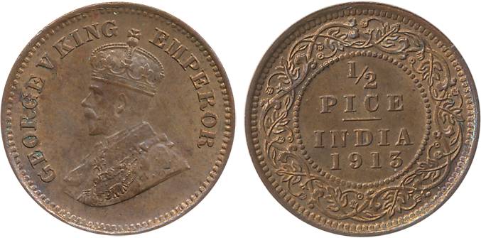 George V, Copper ½ Pice, 1913, Calcutta Mint (Prid# 746). Red Brown, uncirculated, scarce.