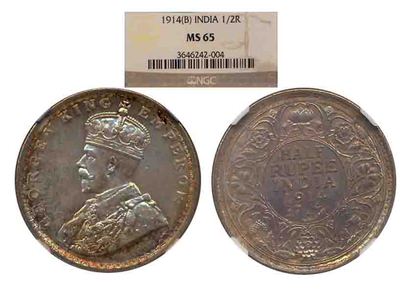 George V, Silver 1/2 Rupee, 1914, Bombay Mint (Prid # 338). Sllabed & Graded by PCGS as MS