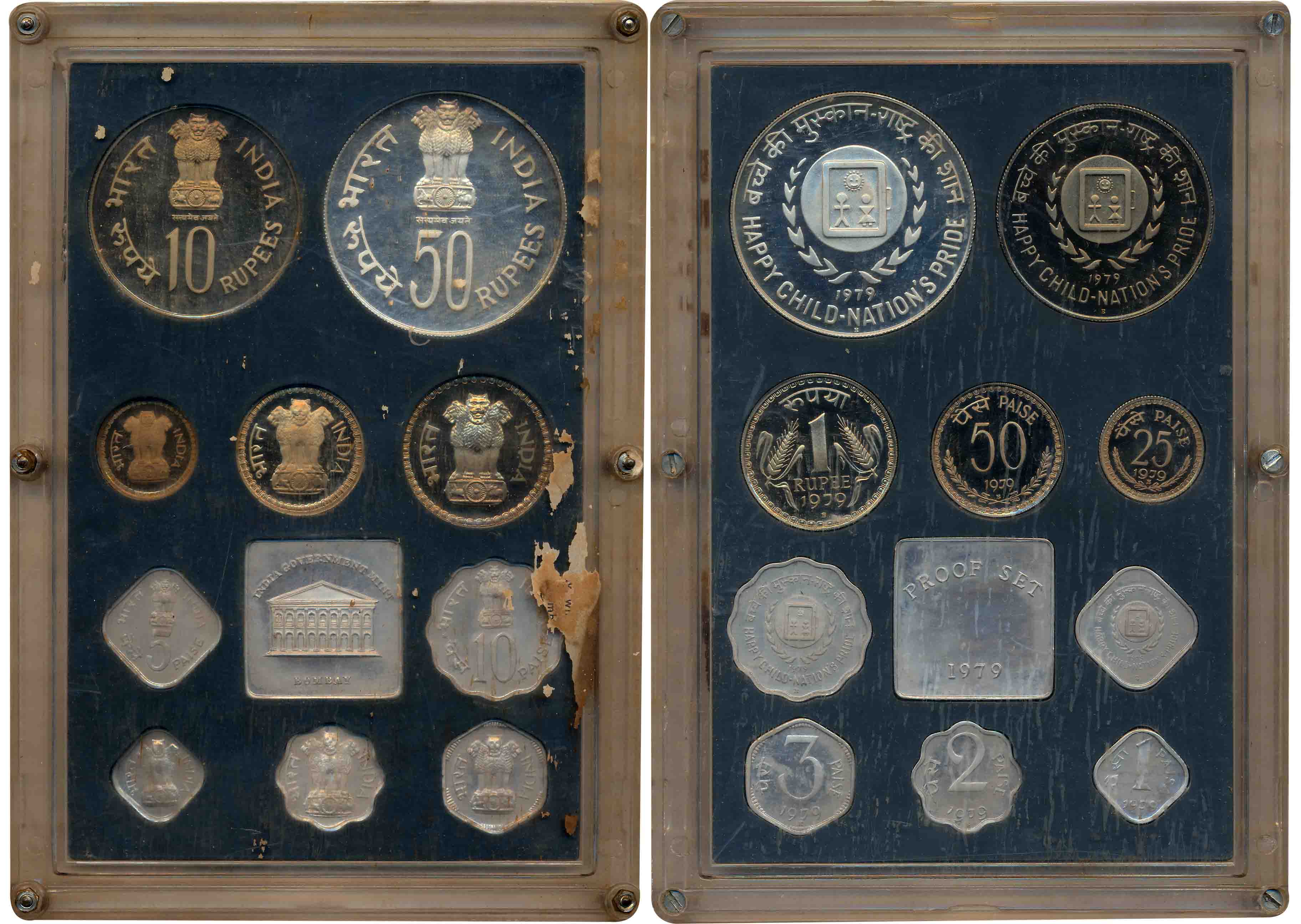 1979, Proof Set of 10, “Happy Child- Nation’s Pride”, Bombay Mint, Rupees 50, 10 & 1, 50, 